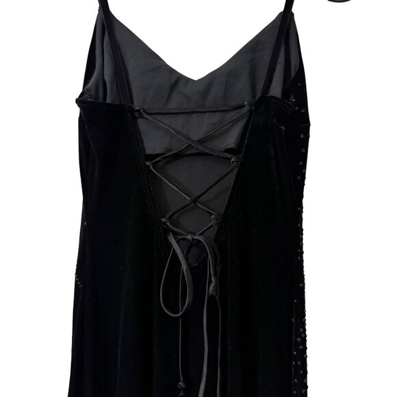 VTG Rampage Velvet USA Black Red Glitter Starburst Laced Back Maxi Gown Small - Picture 4 of 8